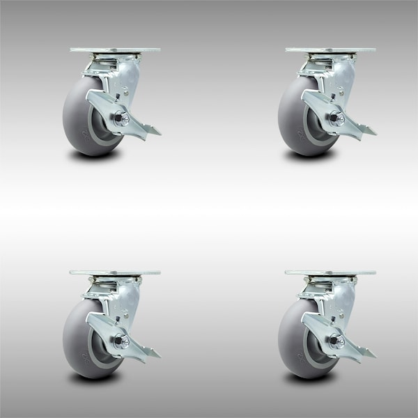5 Inch SS Thermoplastic Rubber Swivel Caster Set with Ball Bearings and Brakes
